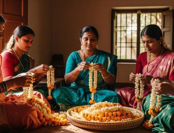 Garland making, during Indian art tour in Chennai