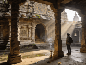 A traveller in quiet observation inside an Indian temple courtyard, incense smoke, stone architecture, morning light, contemplative mood, respectful distance