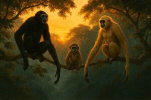 Hoolock Gibbon family canopy dawn, Hoolock Gibbon mid-brachiation action, Hoolock Gibbon tour Assam