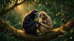 Hoolock Gibbon family canopy dawn, Mated pair Hoolock Gibbon forest