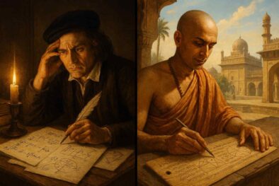A split-screen illustration comparing a 17th-century European scholar studying calculus by candlelight and 12th-century Indian mathematician Bhaskara II writing advanced geometry on a palm-leaf manuscript in Bijapur.