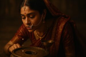 A poignant historical scene showing a young Indian woman, Lilavati, leaning over a brass water clock as a pearl falls from her nose ring toward the water.