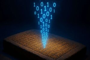 Abstract digital artwork of ancient stone-carved Sanskrit script morphing into glowing blue and gold binary code made of zeros and ones.