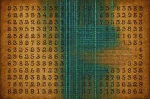 Conceptual art of an ancient parchment document covered in historical numbers being scanned by modern green and blue digital encryption code lines.