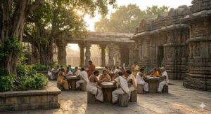 A gathering of ancient Karanataka mathematicvians in a temple university courtyard discussing numerical logic during the Rashtrakuta era