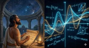 Bhaskara II tracking stars and charting algebraic equations, illustrating the advanced calculus concepts discovered by ancient Karnataka mathematicians.