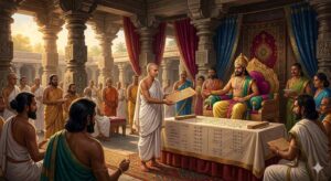 Jain scholar Mahavira presenting the first pure mathematics textbook to a Rashtrakuta king, representing the legacy of ancient Karnataka mathematicians.