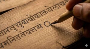 Ancient Karnataka mathematicians legacy showing a close-up of Bhaskara I writing the circle symbol for zero on a traditional palm leaf manuscript.