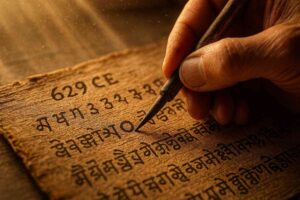 Extreme close-up of a 7th-century Sanskrit manuscript on weathered birch bark, showing a scholar’s hand drawing a small circle for zero among ancient Brahmi numerals.