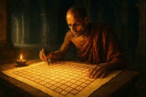 A dimly lit 9th-century monastery room where a Jain monk, Kumudendu Muni, writes a complex 27x27 grid matrix filled entirely with ancient Kannada numerals.