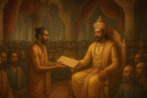 Digital illustration of Jain mathematician Mahavira presenting the Ganitasarasangraha manuscript to King Amoghavarsha I in the grand, carved royal court of Manyakheta.