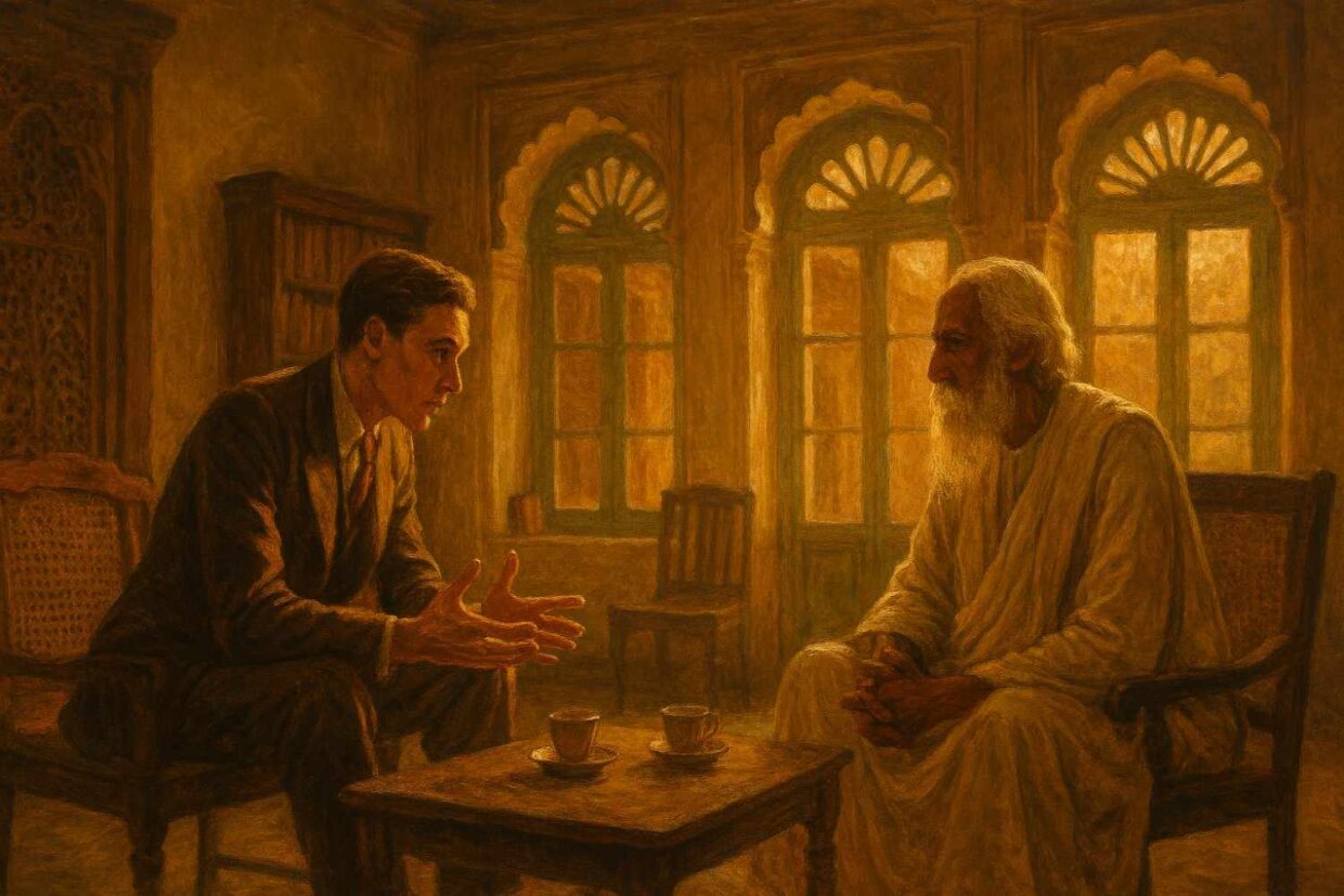 Two men having a deep conversation in a cozy, warmly lit room with arched windows.