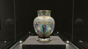 Ancient cloisonne enamel object showing metal wire compartments and original colour dating to early enamelling tradition circa 1450 BCE