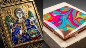 Diptych comparing ancient Byzantine enamel piece and freshly fired contemporary enamel piece showing identical luminosity demonstrating permanence of the craft