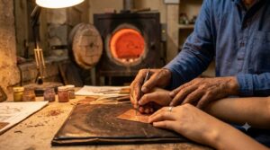 Artist's hands guiding student's hands over copper enamel piece in Varanasi studio with kiln glowing in background during Andaman Way workshop