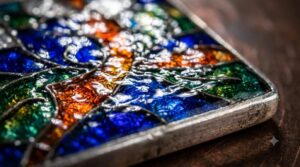 Extreme close-up of a finished enamel piece showing luminous glass surface catching light from multiple angles in the meenakari tradition of Varanasi
