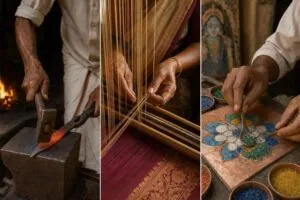 Triptych showing three pairs of hands representing endangered craft knowledge in India: metal worker at South Indian forge weaver at handloom and enamellist at Varanasi studio
