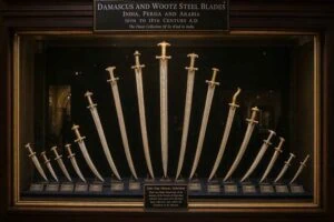 Museum display case at Salar Jung Museum Hyderabad showing collection of historical Damascus and Wootz steel blades from medieval period with characteristic banding patterns visible through glass