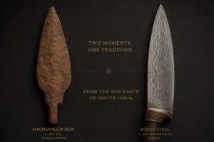 Composite image showing ancient iron artefact from Adichanallur Tamil Nadu Iron Age site alongside polished Damascus steel blade representing five thousand year South Indian metallurgical continuum