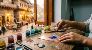 Woman enamellist's hands spreading powdered glass on copper sheet in Varanasi studio with natural window light and street visible in background